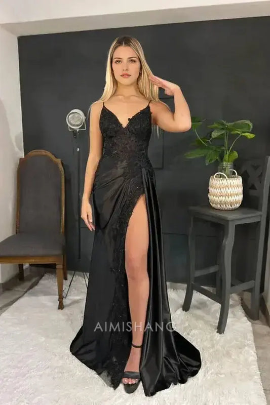 Aimishang Charming V-neck Spaghetti Straps Sleeveless Long Formal Prom Dress Elegant Evening Gown Sexy Party Dress With Slit