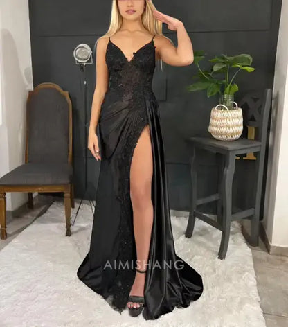 Aimishang Charming V-neck Spaghetti Straps Sleeveless Long Formal Prom Dress Elegant Evening Gown Sexy Party Dress With Slit