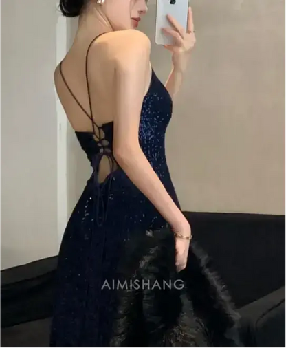 Aimishang Charming V-neck Spaghetti Straps Sleeveless Sequin Formal Prom Dress Shiny Party Evening Gowns Sexy Graduation Dress With Slit