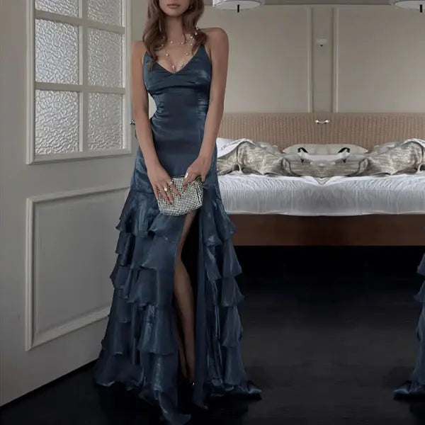 Aimishang Charming V Neck Ruffles Layered Evening Party Dress Sexy Sleeveless Long Formal Prom Dress With Slit