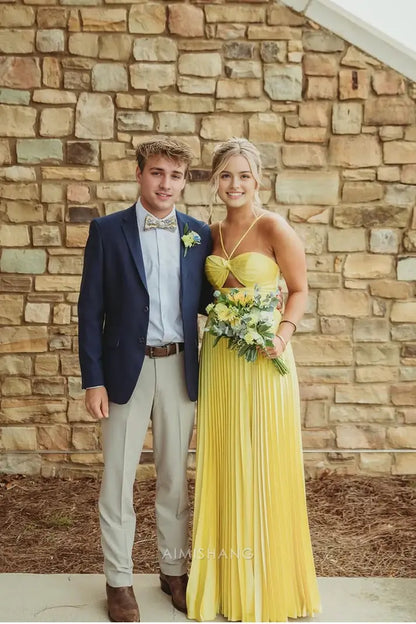 Aimishang Charming Yellow A Line Pleated Sleeveless Long Formal Prom Dress Sexy Evening Party Dress