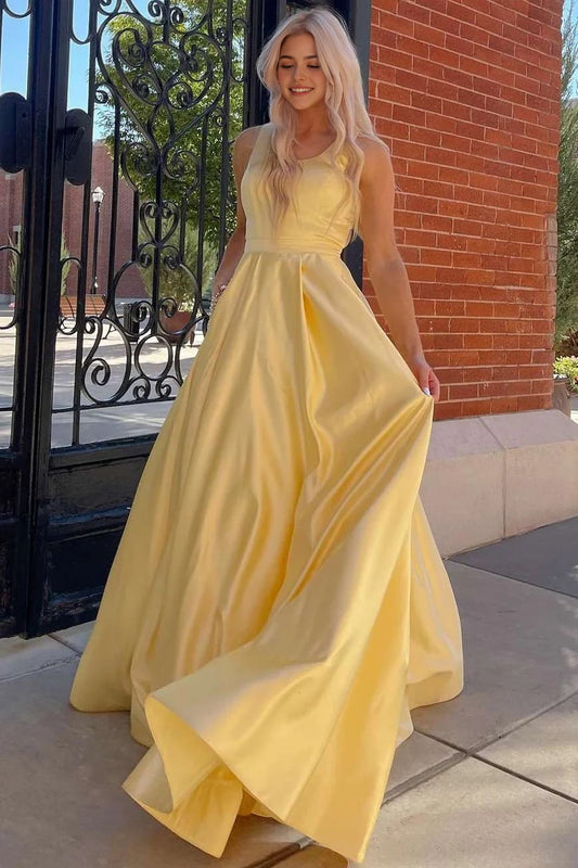 Aimishang Charming Yellow A Line Sleeveless Graduation Party Dress Cutout Back Elegant Long Formal Prom Dress