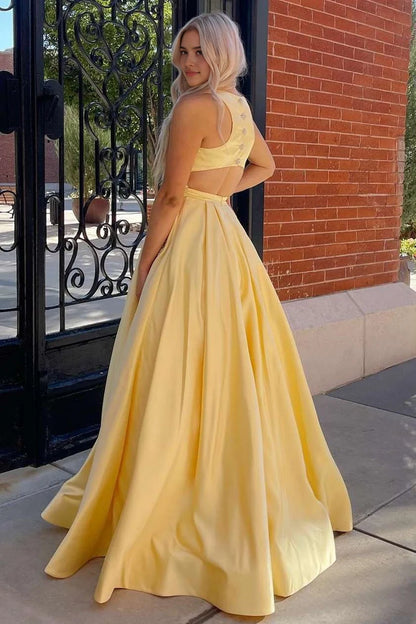 Aimishang Charming Yellow A Line Sleeveless Graduation Party Dress Cutout Back Elegant Long Formal Prom Dress