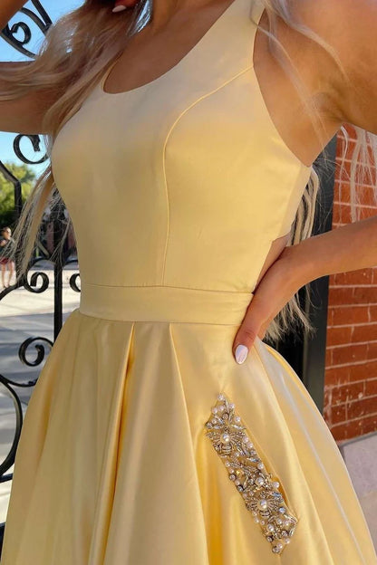 Aimishang Charming Yellow A Line Sleeveless Graduation Party Dress Cutout Back Elegant Long Formal Prom Dress
