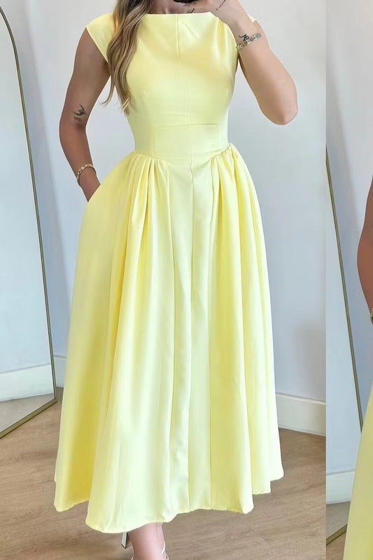 Aimishang Charming Yellow A Line Sleeveless Pleated Evening Party Dress Fashion Wedding Guest Dress
