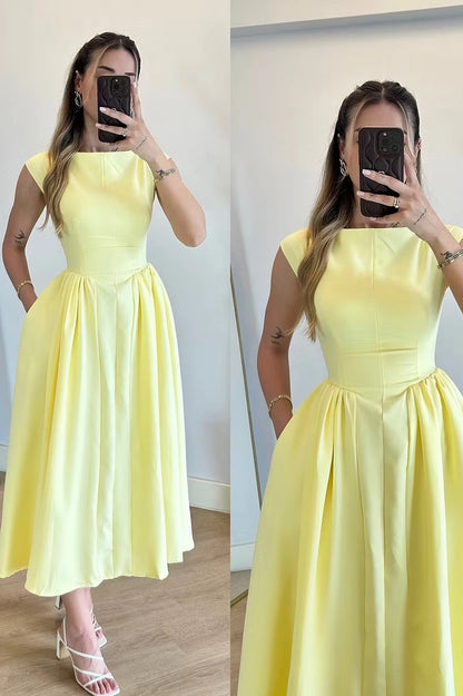 Aimishang Charming Yellow A Line Sleeveless Pleated Evening Party Dress Fashion Wedding Guest Dress
