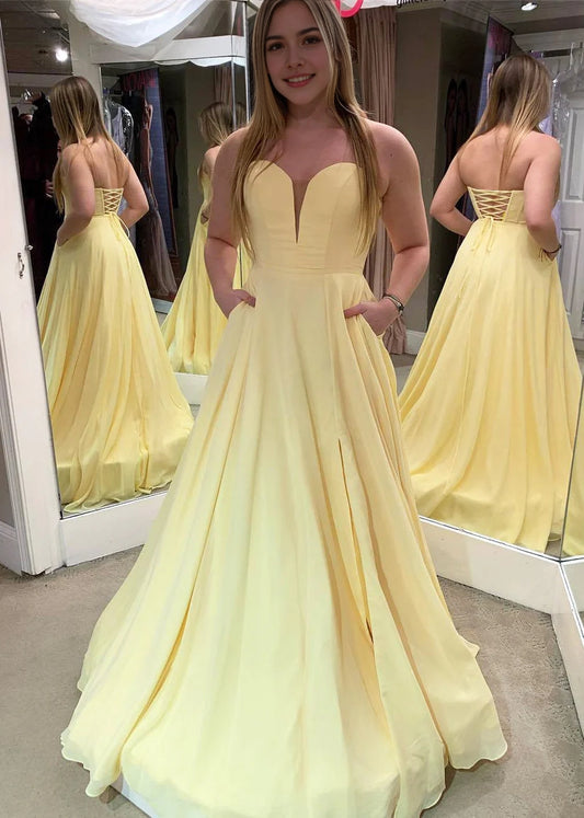 Aimishang Charming Yellow A Line Strapless Sleeveless Graduation Party Dress Elegant Long Formal Prom Dress