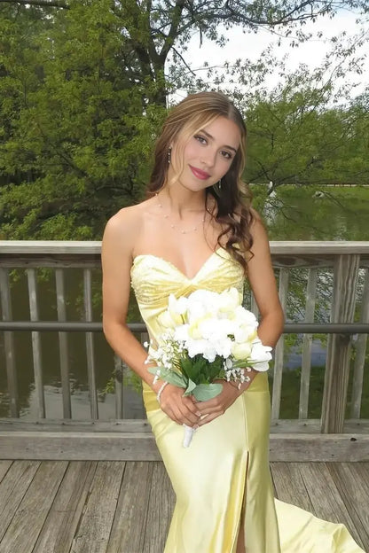Aimishang Charming Yellow Mermaid Strapless Sleeveless Evening Party Dress Sexy Long Formal Graduation Dress With Slit