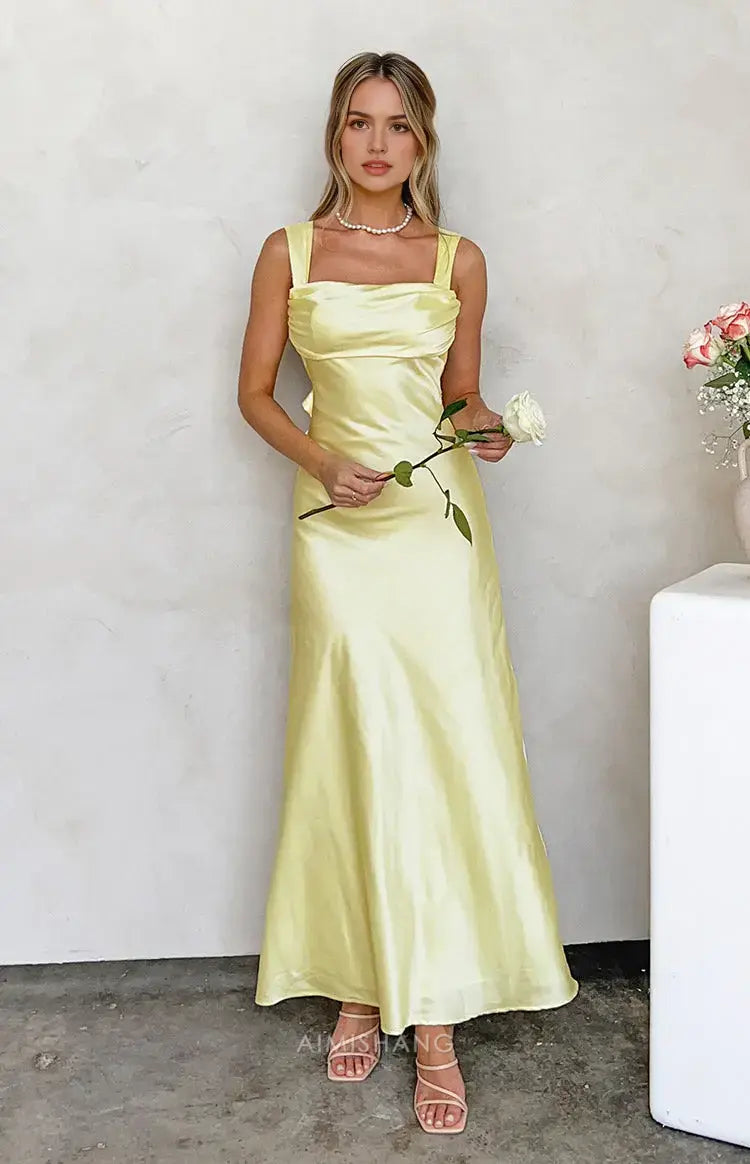 Aimishang Charming Yellow Satin Formal Maxi Dress Sleeveless Long Prom Dress Elegant Satin Evening Party Dress