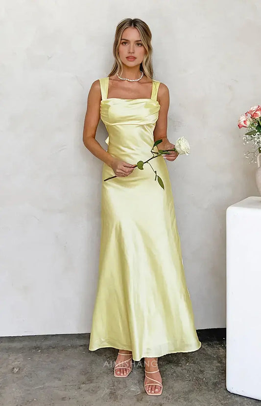 Aimishang Charming Yellow Satin Formal Maxi Dress Sleeveless Long Prom Dress Elegant Satin Evening Party Dress