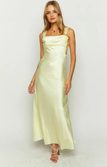 Aimishang Charming Yellow Satin Formal Maxi Dress Sleeveless Long Prom Dress Elegant Satin Evening Party Dress