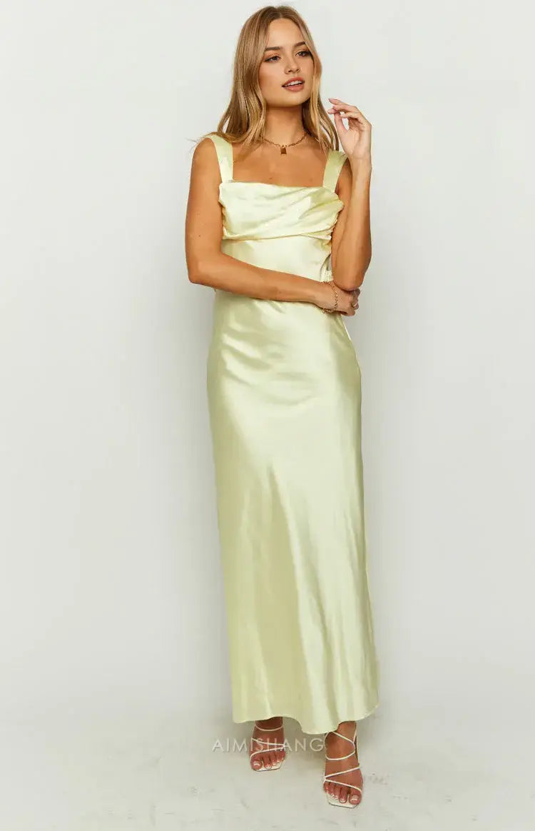 Aimishang Charming Yellow Satin Formal Maxi Dress Sleeveless Long Prom Dress Elegant Satin Evening Party Dress