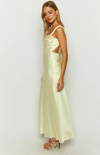 Aimishang Charming Yellow Satin Formal Maxi Dress Sleeveless Long Prom Dress Elegant Satin Evening Party Dress