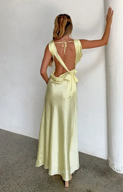 Aimishang Charming Yellow Satin Formal Maxi Dress Sleeveless Long Prom Dress Elegant Satin Evening Party Dress