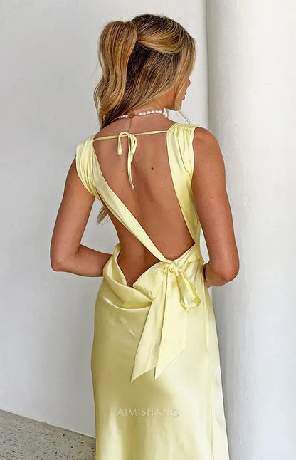 Aimishang Charming Yellow Satin Formal Maxi Dress Sleeveless Long Prom Dress Elegant Satin Evening Party Dress