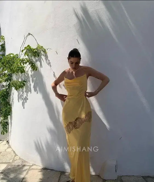 Aimishang Charming Yellow Satin Sleeveless Long Formal Prom Dress Chic Party Evening Gowns Elegant Graduation Dress