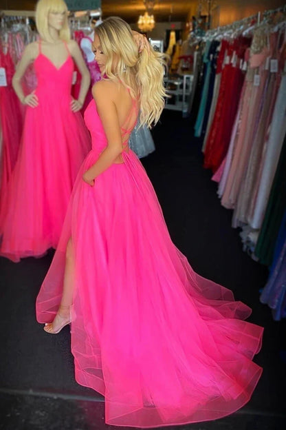 Wholesale Long Prom Dresses Cheap Backless Tulle Straps With Split, Criss-Cross Straps Evening Dresses