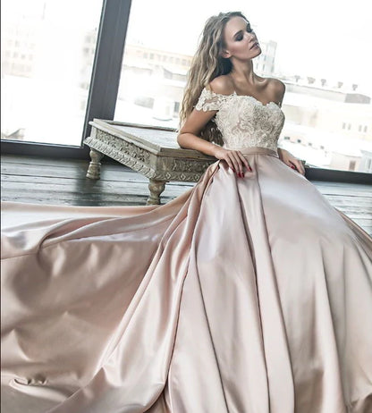 Wholesale Prom Dresses Chic Satin Off the Shoulder Lace Wedding Dress