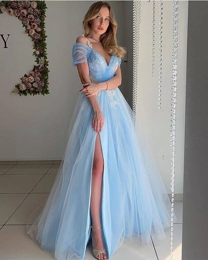 Wholesale Evening Dress Chic Tulle A Line Off The Shoulder Prom Dress With Appliques