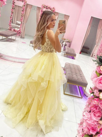 Wholesale Prom Dresses Chic V Neck Tulle Sparkly Ball Gown Asymmetrical Backless