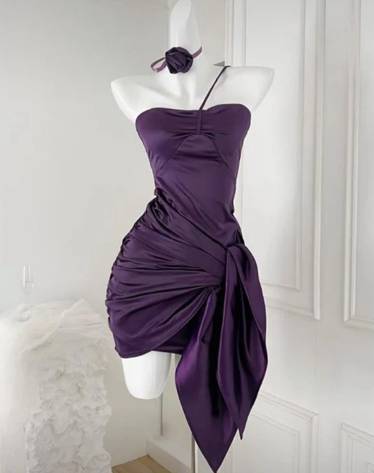 Aimishang Chic Sheath One Shoulder Purple Satin Pleated Homecoming Dress Short Graduation Dress Lovely Birthday Party Dress No With Neck accessories