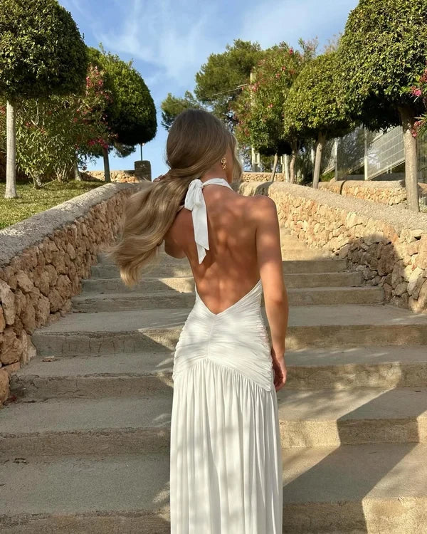 Chic A-Line Halter V-Neck Sleeveless Ruched High Slit Women Party Dress