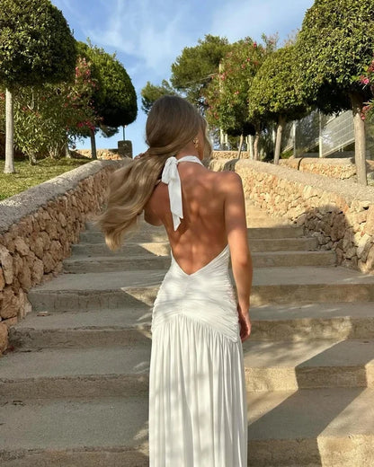 Chic A-Line Halter V-Neck Sleeveless Ruched High Slit Women Party Dress