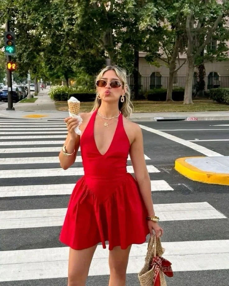 Aimishang Chic A-Line Halter V-Neck Sleeveless Satin Short Homecoming Dress Mini Summer Party Dress