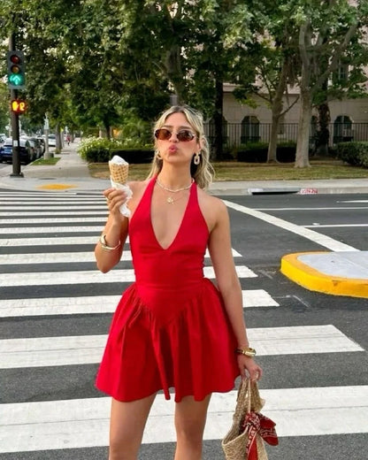 Aimishang Chic A-Line Halter V-Neck Sleeveless Satin Short Homecoming Dress Mini Summer Party Dress