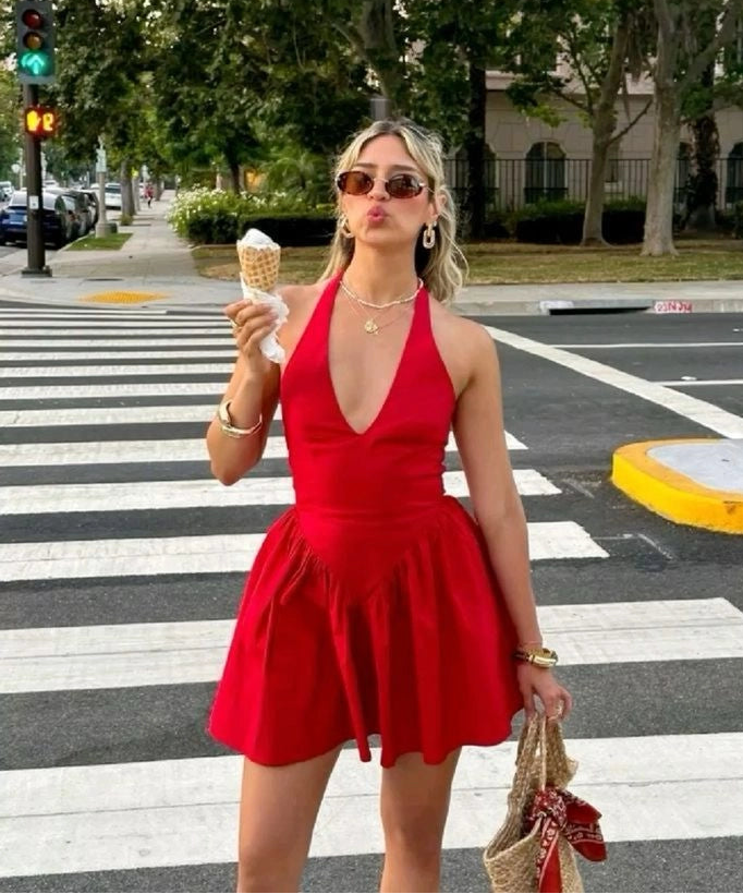 Aimishang Chic A-Line Halter V-Neck Sleeveless Satin Short Homecoming Dress Mini Summer Party Dress