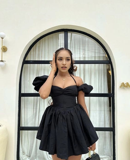 Aimishang Chic A Line Halter Off Shoulder Black Short Homecoming Dress Summer Birthday Party Dress