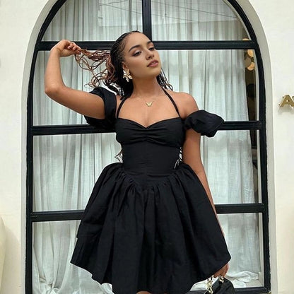 Aimishang Chic A Line Halter Off Shoulder Black Short Homecoming Dress Summer Birthday Party Dress