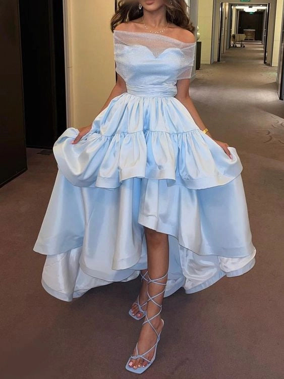 Aimishang Chic A Line Off Shoulder Light Blue Satin Party Evening Gown Charming Formal Prom Dress