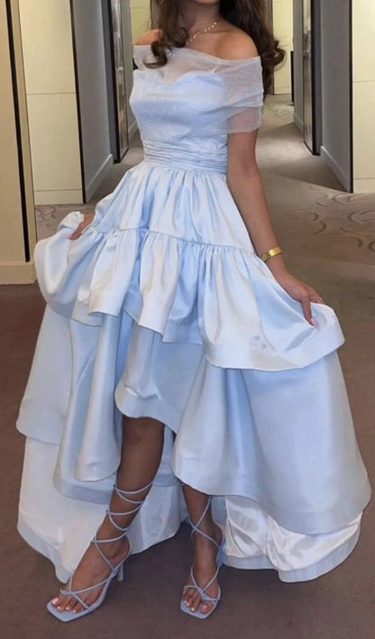Aimishang Chic A Line Off Shoulder Light Blue Satin Party Evening Gown Charming Formal Prom Dress