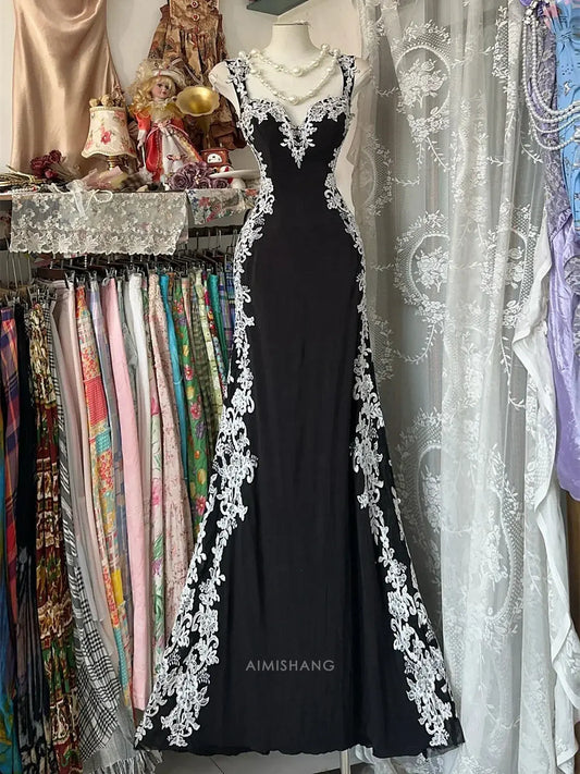 Aimishang Chic A Line Sleeveless Long Formal Prom Dress with Appliques Elegant Wedding Guest Dress Charming Evening Party Gown