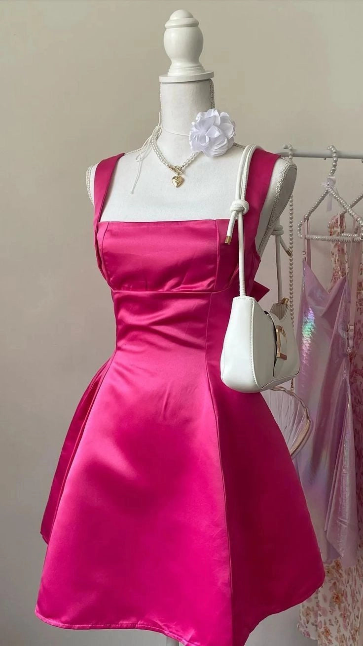 Aimishang Chic A Line Square Neck Sleeveless Satin Short Homecoming Dress Summer Cute Graduation Party Dress