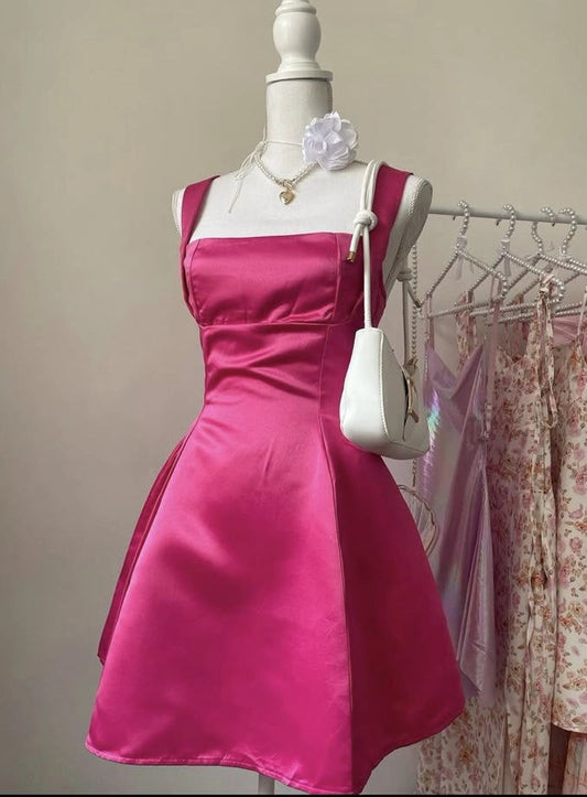 Aimishang Chic A Line Square Neck Sleeveless Satin Short Homecoming Dress Summer Cute Graduation Party Dress