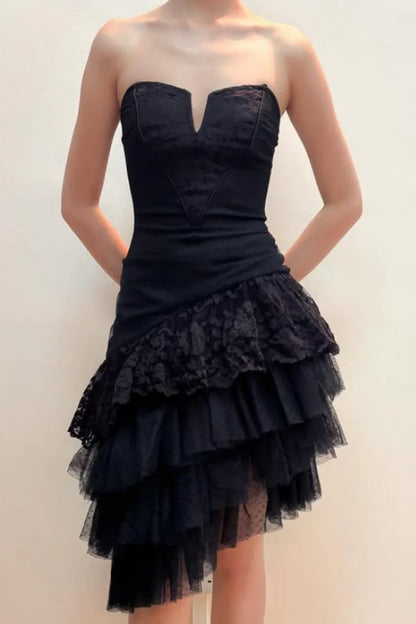 Aimishang Chic A Line Strapless Black Layered Party Prom Dress Elegant Homecoming Dress