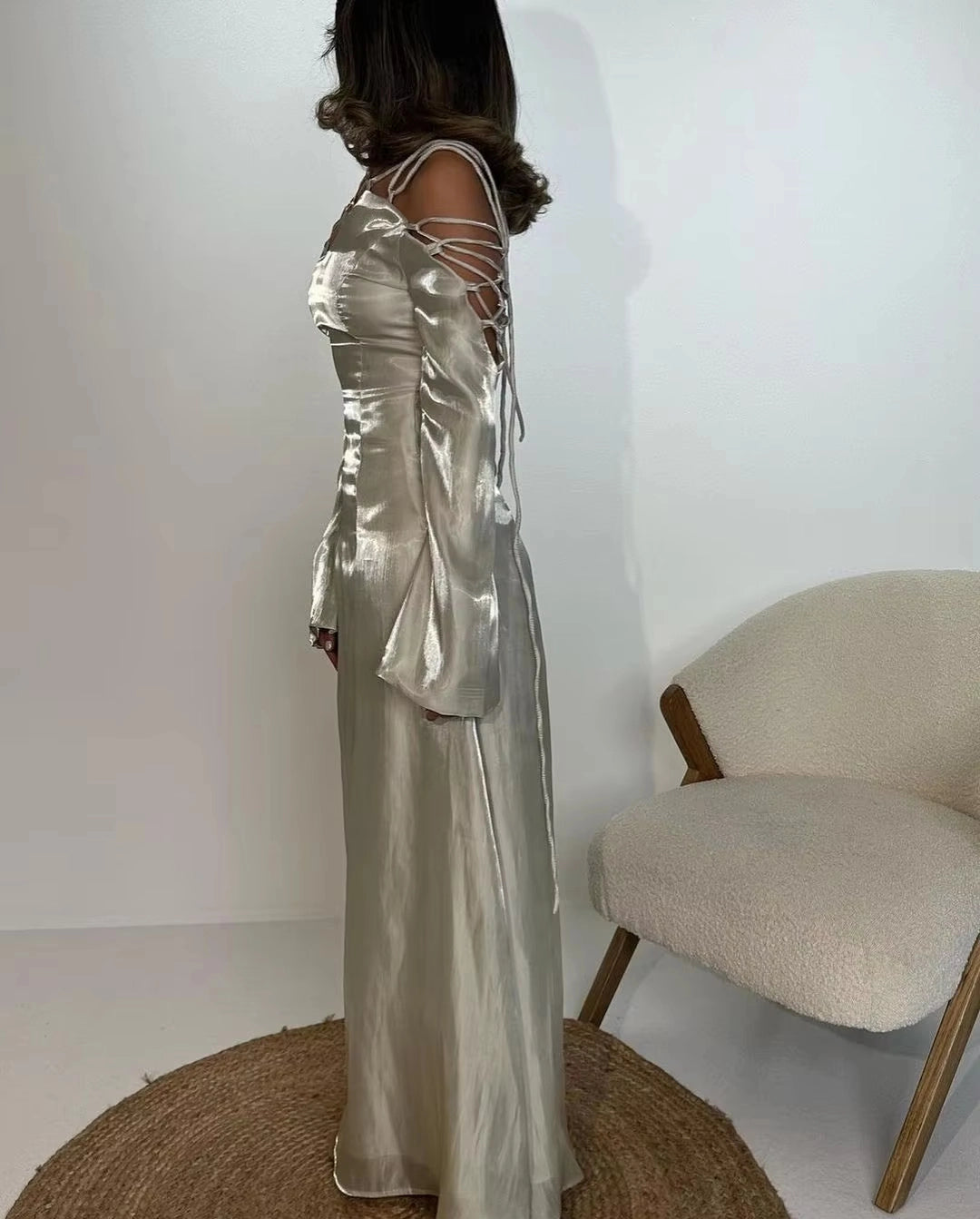 Aimishang Chic A Line V Neck Straps Long Sleeves Party Evening Gown Elegant Formal Prom Dress