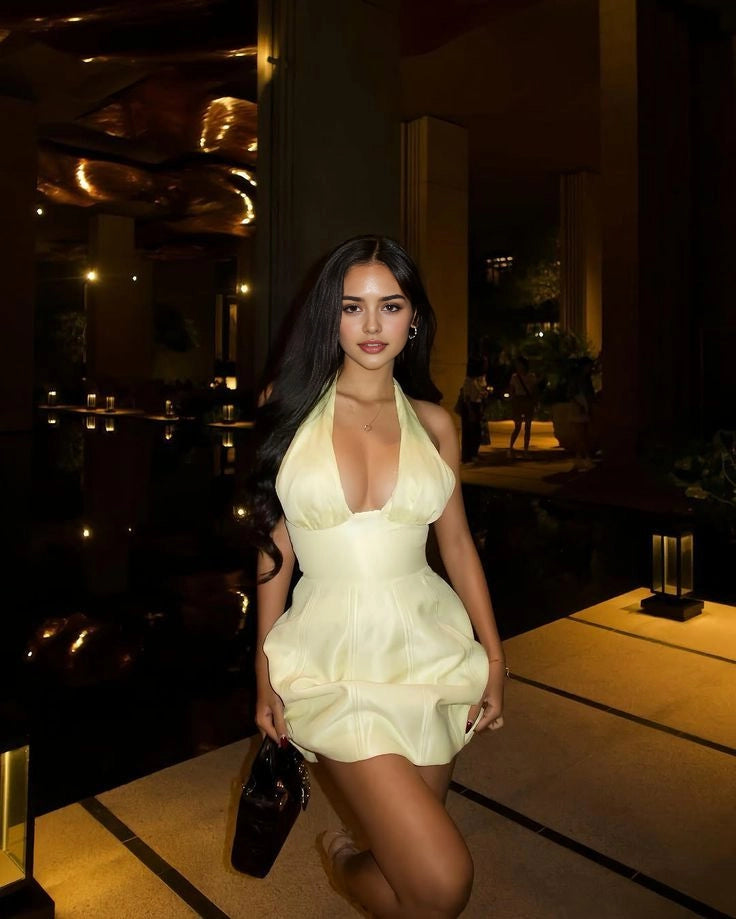 Aimishang Chic A line Yellow Halter Sleeveless Satin Short Homecoming Dress Summer Mini Sexy Birthday Party Dress