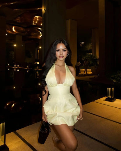 Aimishang Chic A line Yellow Halter Sleeveless Satin Short Homecoming Dress Summer Mini Sexy Birthday Party Dress