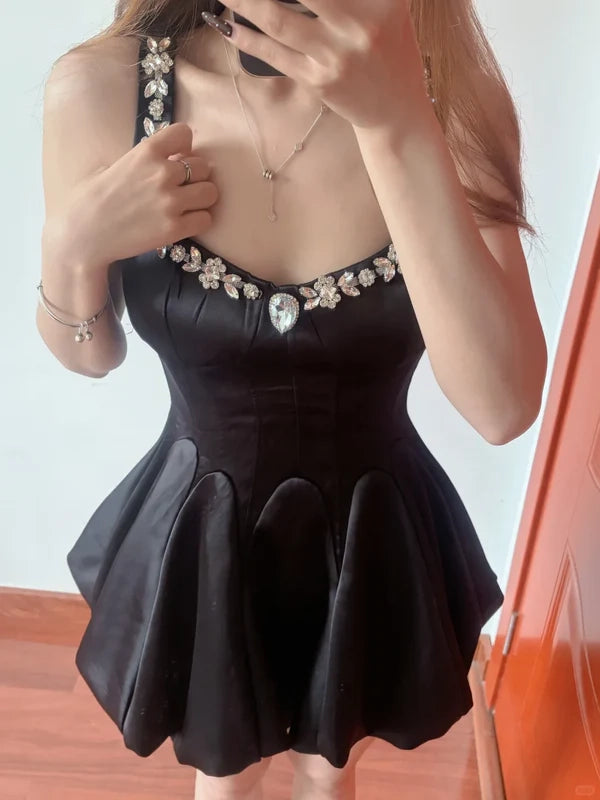 Aimishang Chic Black A-Line Straps Beaded Sleeveless Short Birthday Party Dress Lovely Homecoming Dress