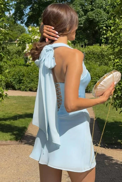 Aimishang Chic Blue Halter Neck Sleeveless Lace Up Back Short Party Homecoming Dress