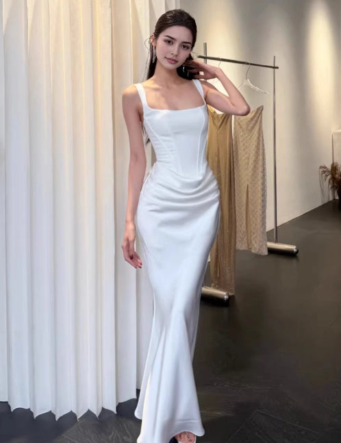 Aimishang Chic Mermaid Straps Square Neck Satin Sleeveless Lace Up Back Party Evening Gown Elegant Long Formal Prom Dress