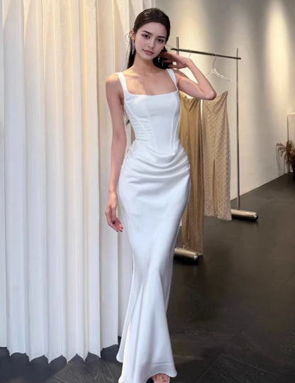 Aimishang Chic Mermaid Straps Square Neck Satin Sleeveless Lace Up Back Party Evening Gown Elegant Long Formal Prom Dress