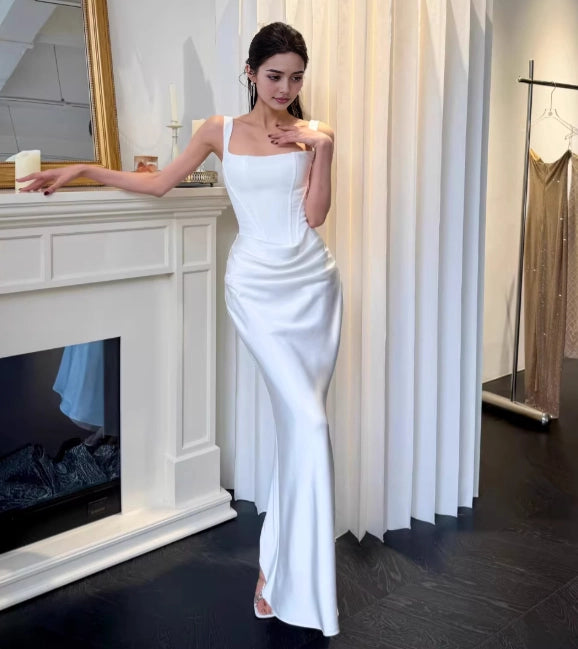 Aimishang Chic Mermaid Straps Square Neck Satin Sleeveless Lace Up Back Party Evening Gown Elegant Long Formal Prom Dress