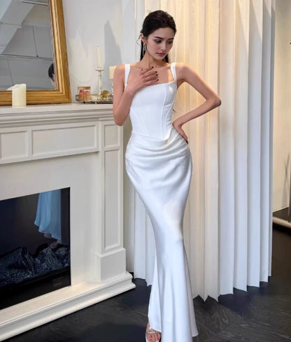 Aimishang Chic Mermaid Straps Square Neck Satin Sleeveless Lace Up Back Party Evening Gown Elegant Long Formal Prom Dress