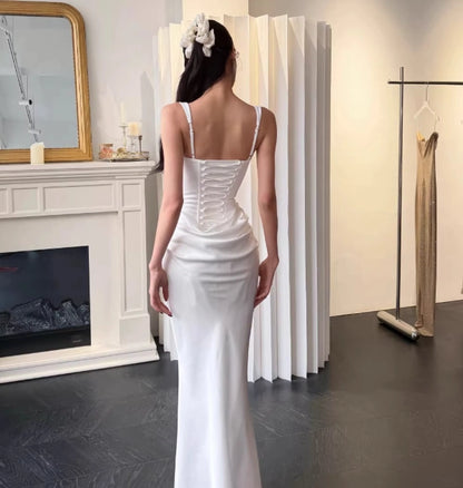 Aimishang Chic Mermaid Straps Square Neck Satin Sleeveless Lace Up Back Party Evening Gown Elegant Long Formal Prom Dress