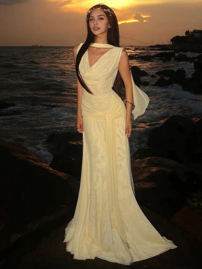 Aimishang Chic Mermaid Yellow Sleeveless Party Evening Gown Elegant Long Formal Prom Dress