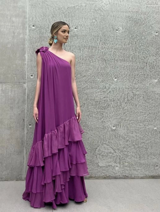 Aimishang Chic Purple One Shoulder A Line Ruffles Sleeveless Party Evening Gown Elegant Wedding Guest Dress